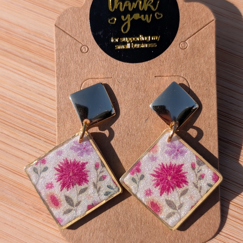 Gold and Pink Geometric Floral Earrings